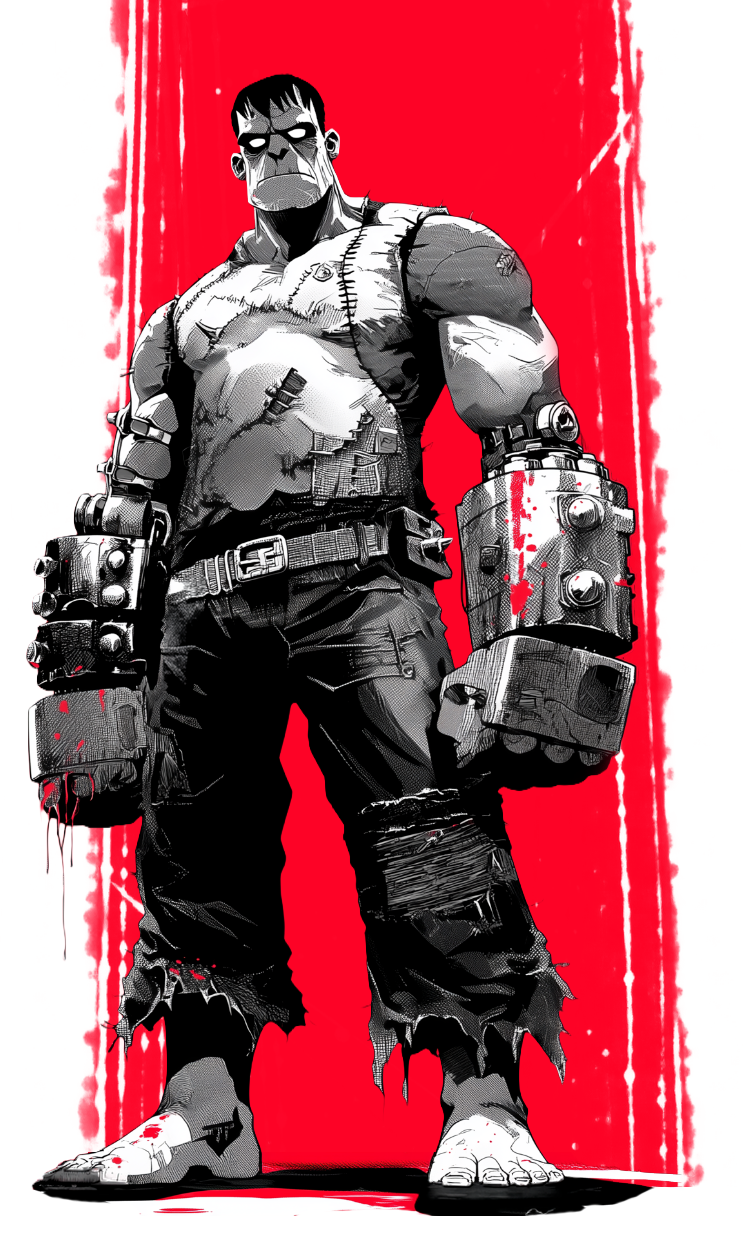 FRANK standing full length with heavy metal gauntlets against a blood-red brushstroke on white.