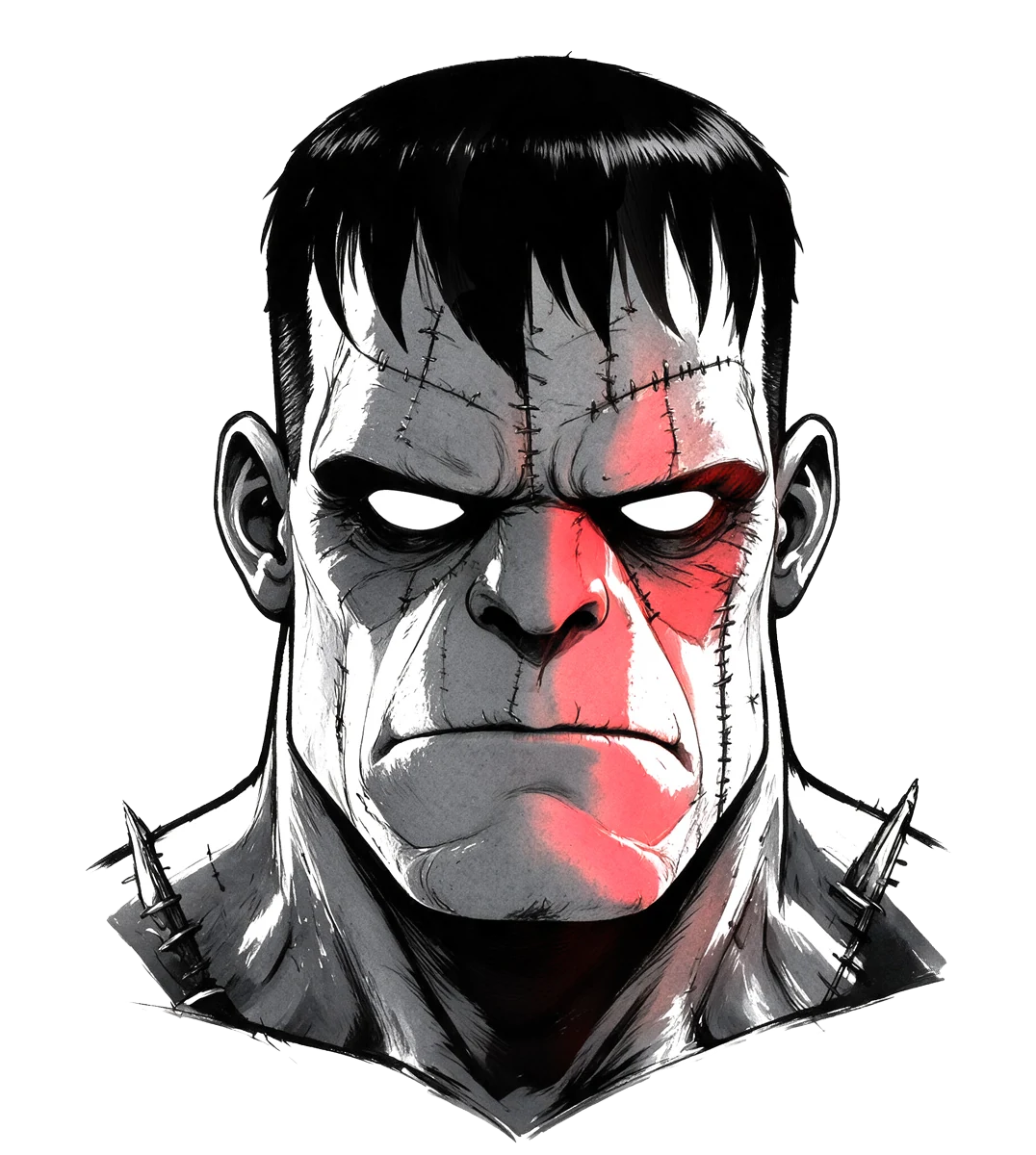 Frank: a stitched-together giant with flat white eyes, a heavy brow and a black flat-top.