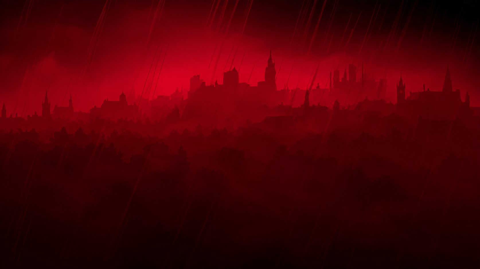 Frank crouched on a rooftop ledge beside a gargoyle, looking out over the spires of Dunhollow under a blood-red sky in the rain.